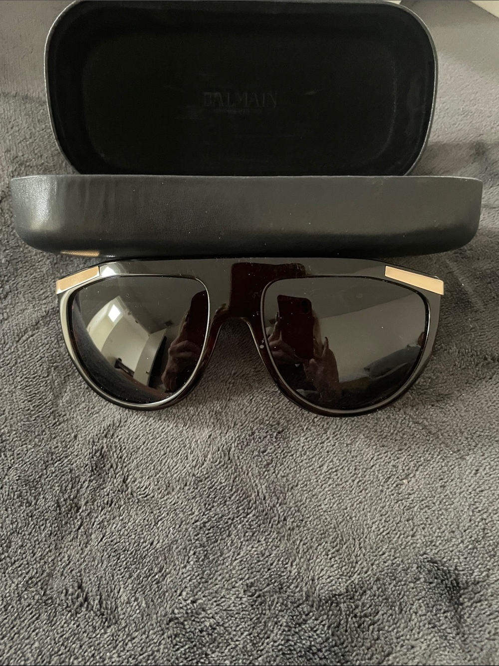 Balmain Black Shield Sunglasses with Gold Trim